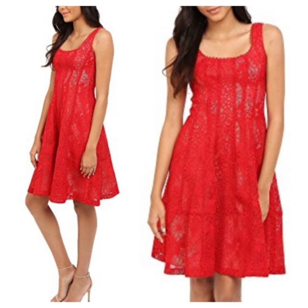 🔽NWOT Nanette Lepore Lace Floral vibrant red Poppy Flare Casual Party vintage 8